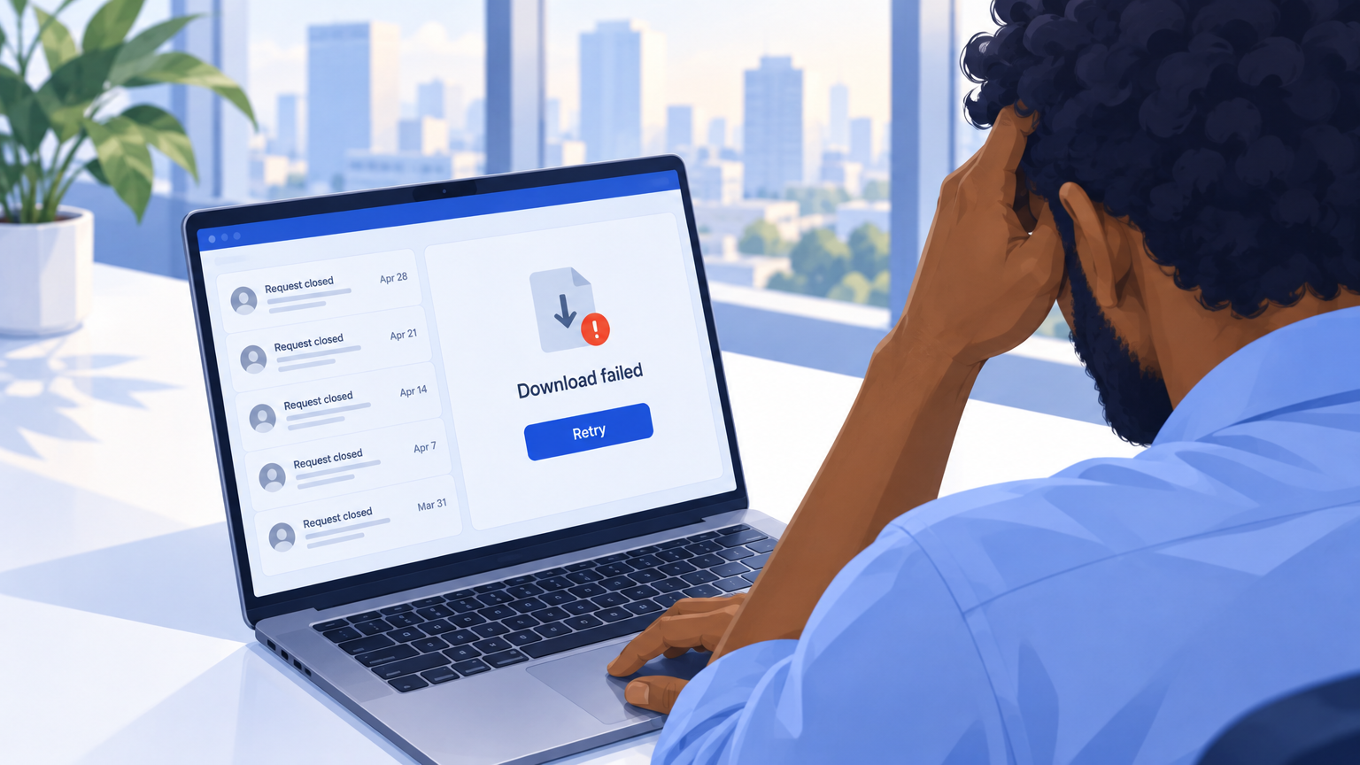 Over a client’s shoulder, a laptop still shows a failed download beside five closed support requests.