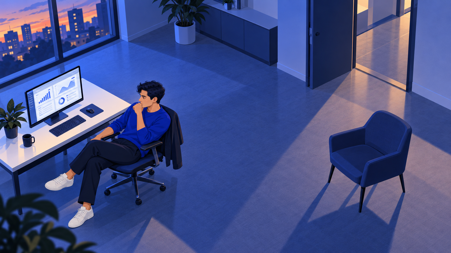 Seen from above, a lone creator sits at his monitor at dusk, separated from an empty guest chair by a wide expanse of floor.